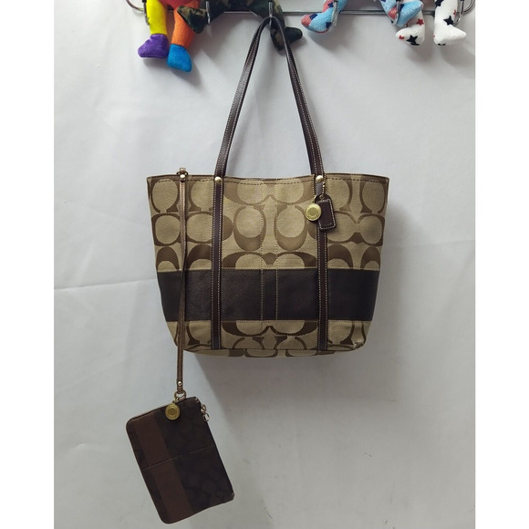 Coach Signature Brown Canvas 65th Ann. Double Handle Zipper Tote Bag W/ Wallet - Picture 4 of 16